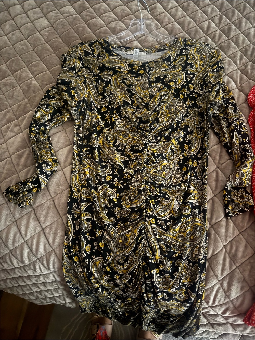 Joie Black and Yellow Paisley Ruched Long-Sleeve Dress